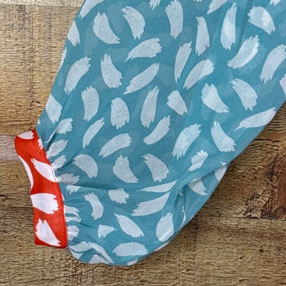 Boden Sylvie Sheer Lined Top Crop Sleeve Blood Orange Teal Brushstroke SZ 8 - Picture 2 of 10